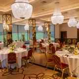 chair and tables set up inside our ceremony space at boclair wedding venue