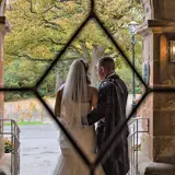 Bride and Groom shot through ornate window at Cornhill Castle